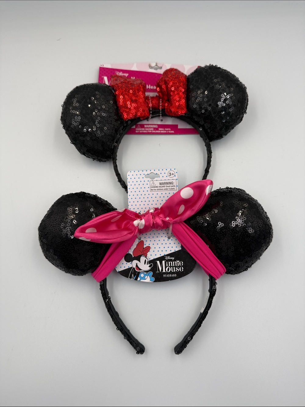 Disney (2 ) Black Sequin Minnie Ear Headbands with Pink and Red Bows